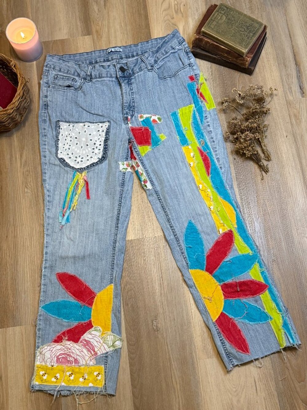 Upcycled Patchwork Jeans | Colorful Floral Applique Denim with Eyelet Pocket